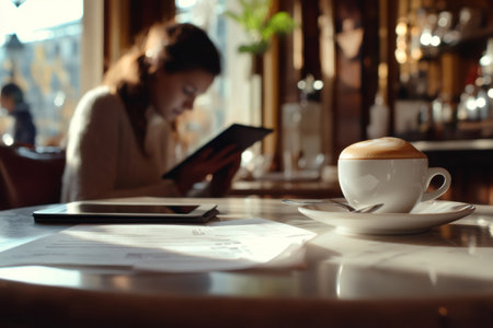 Young professional woman reading documents in a modern cafe with cappuccino on table, symbolizing legal work and remote productivityの素材