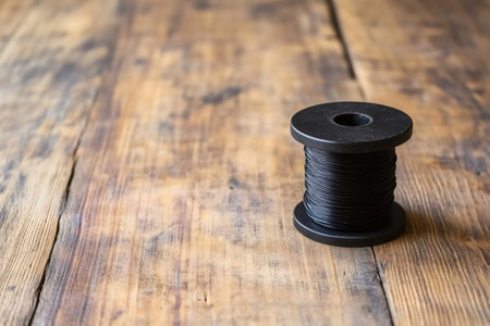 Close up of a black plastic spool of wire on a textured wooden table, representing crafting, electronics, or DIY projectsの素材