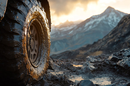 Off road tire covered in wet mud and dirt, navigating a rugged mountain trail with a snowy peak under a golden skyの素材