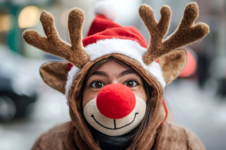 Adorable young person showing playful expression while wearing Santa hat and reindeer costume with a red nose for Christmasの素材