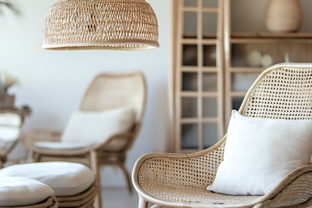 Living room featuring bohemian style furniture, rattan chair, pendant lamp, and light colored cushions creating a cozy atmosphereの素材
