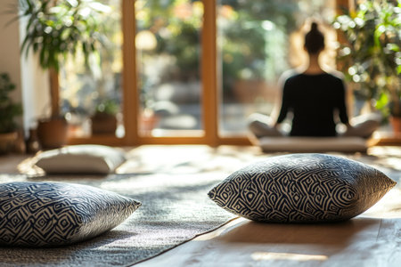 Person practicing mindfulness and meditation indoors on a sunny day, finding peace and spiritual balance at homeの素材