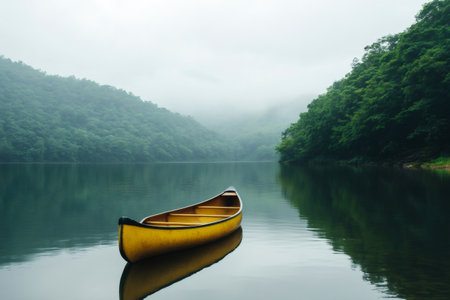 Solitary yellow canoe floating peacefully on a calm, reflective lake. Green, forested hills rise on both sides with misty cloudsの素材