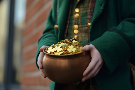 Leprechaun hands holding a copper pot filled with golden shamrock shaped coins, symbolizing luck and wealth for St. Patrick's Dayの素材