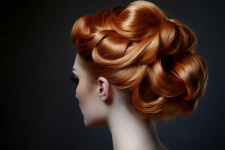 Woman showcasing intricate sculpted updo hairstyle with shining red hair, emphasizing beauty, style, and fashionの素材