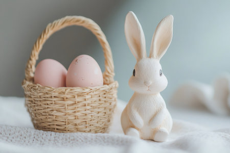 White bunny figurine sitting on a soft white blanket with a small woven basket holding two pastel pink Easter eggsの素材