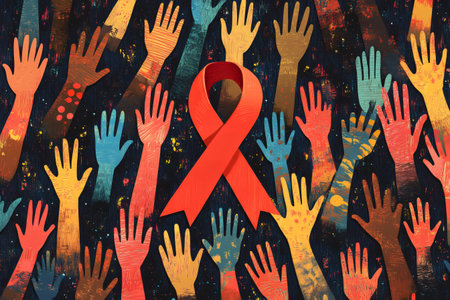 Red ribbon centrally placed, hands of diverse colors raising up around it, illustrating community solidarity for AIDS awarenessの素材