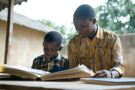 Adult male mentoring a young boy, both looking at an open book, symbolizing education, literacy, and learning supportの素材