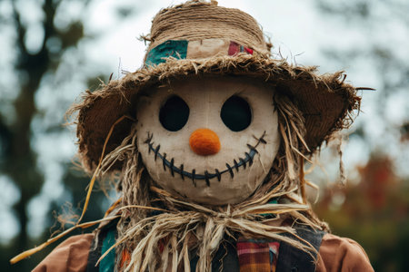 Scarecrow figure with a straw hat and stitched smile presenting a seasonal autumn decoration for farming and Halloweenの素材