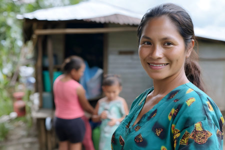 Smiling woman looking at camera, standing in front of simple home with blurred family members in a rural settingの素材