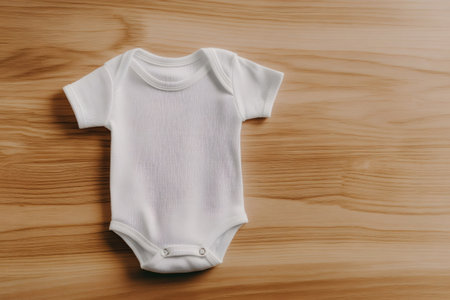 White baby onesie on rustic wooden background, minimalist mockup evoking newborn care, gender neutral infant comfort and cotton textureの素材
