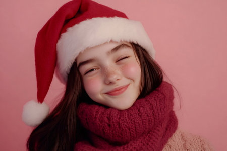Young girl smiling and winking, wearing a red santa hat and knitted scarf, celebrating the holiday seasonの素材