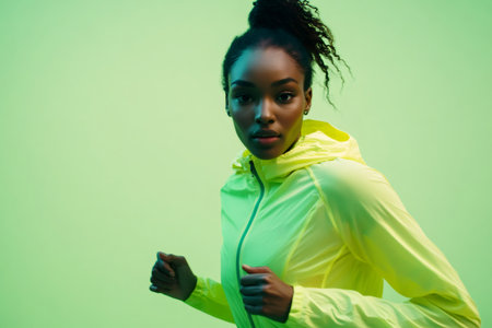 Young athletic woman running, training, feeling energetic. Promoting health, fitness and active lifestyle conceptsの素材