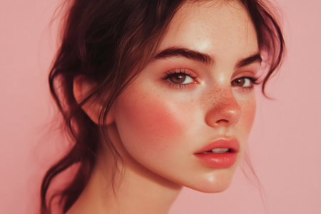 Young woman looking at viewer with natural makeup, flushed cheeks and freckles, against a pink backgroundの素材
