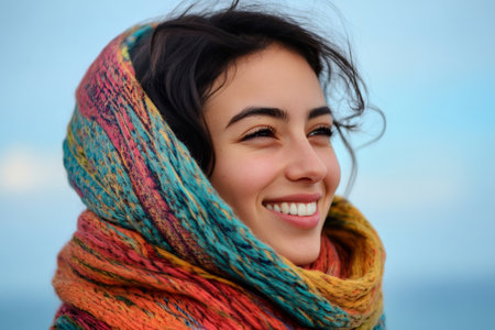 Young woman smiling with happiness, finding joy in simple moments while wearing a vibrant, multicolored genuine knitted scarfの素材