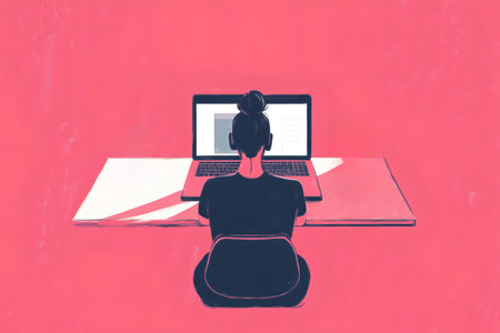 Person working from home, focused on a laptop screen, engaging in a virtual conference, e learning session or remote taskの素材