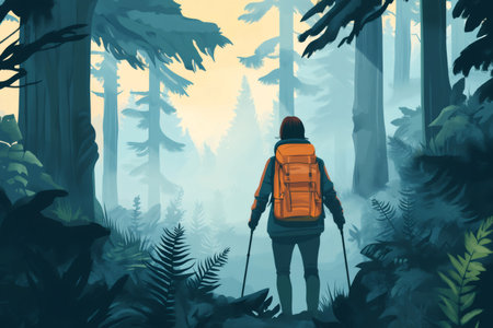 Hiker exploring nature, walking with trekking poles and an orange backpack among tall pine trees and fernsの素材