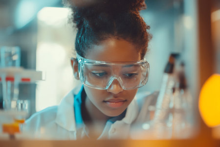 Young female student wearing safety goggles and lab coat, focusing on an experiment in a scientific laboratory settingの素材