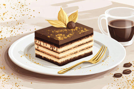 Chocolate cake with many layers and chocolate glaze, garnished with gold details, served with coffee and golden forkの素材