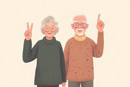Elderly couple happily posing together, woman making a peace gesture, man pointing up, representing ideas and wisdomの素材