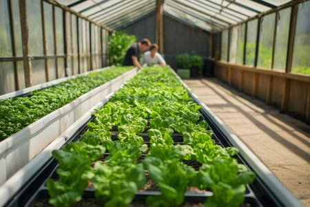 Young couple working together in a bustling greenhouse, caring for rows of fresh green lettuce seedlingsの素材