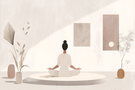 Woman sitting in lotus position, practicing mindfulness and relaxation in a serene, neutral toned interior with botanical elementsの素材