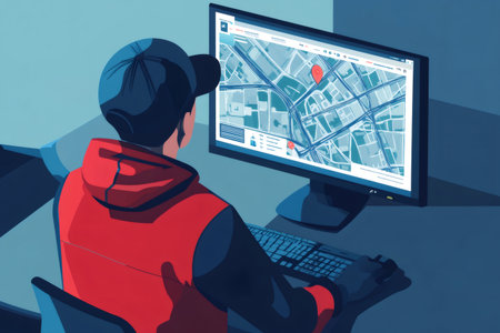 Person viewing a digital map on a desktop monitor, planning delivery routes and tracking locations in an urban environmentの素材