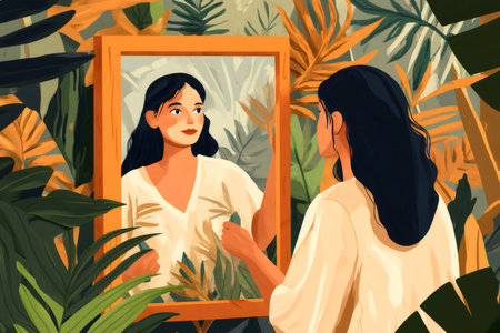 Woman standing in a lush tropical garden, looking at her smiling reflection in a mirror, representing self love and introspectionの素材