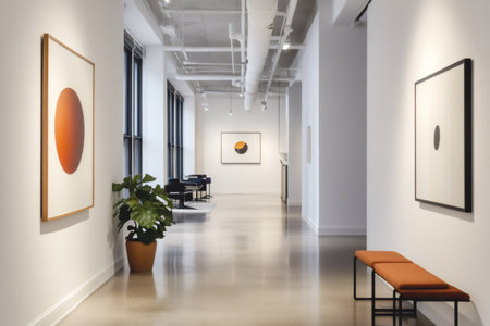 Minimalist office hallway showcasing abstract artwork, polished concrete floor, and stylish seating, creating a professional and contemporary atmosphereの素材