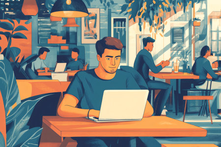 Entrepreneur working on his startup project, using a laptop in a modern co working cafe embracing remote workの素材