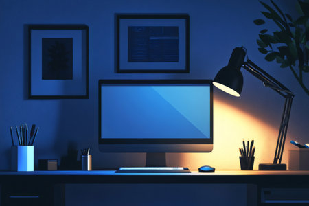 Modern home office setup at night, featuring a computer monitor, keyboard, mouse, and a desk lamp illuminating the workspaceの素材