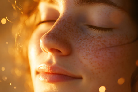 Young woman's face glowing with freckles, reflecting golden light. Expressing serenity and emotional well beingの素材