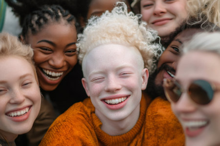 Diverse young people smiling for a close up, celebrating friendship and embracing albinism, promoting happiness and acceptanceの素材