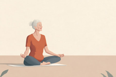 Senior woman sitting cross legged on a yoga mat with eyes closed, enjoying a moment of peace and wellbeingの素材