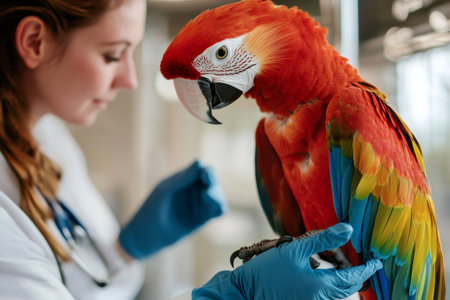 Vet technician in blue gloves carefully examining a vibrant scarlet macaw, focusing on avian health and pet careの素材