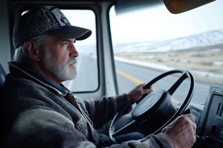 Experienced man operating a truck, driving on a highway with a snowy landscape in the background. Focusing on the road aheadの素材