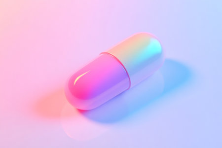 Vivid gradient capsule reflecting light on a colorful background, symbolizing contemporary healthcare, digital wellness, and scientific innovationの素材