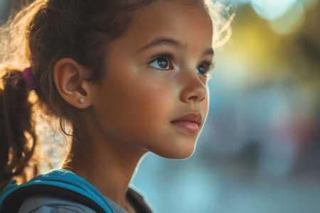 Little girl's close up profile portrait showing thoughtful expression, looking away with hope and contemplating futureの素材