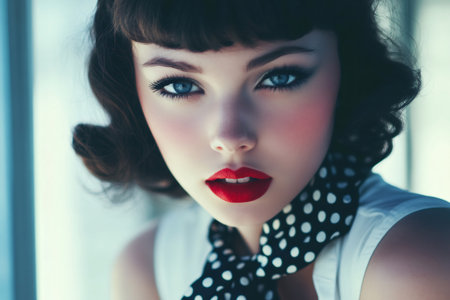 Young woman's face showing classic 1950s pin up makeup and hairstyle, with bold red lips and a polka dot scarfの素材