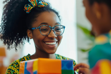 Young Black woman with glasses smiling widely, receiving a colorful wrapped present from a friend. Conveying happiness and friendshipの素材