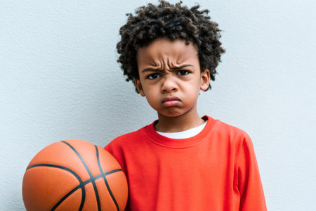 Young boy frowning with a basketball. He is looking at the camera with a serious and unhappy expression against a plain wallの素材