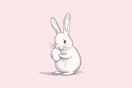 Cute white bunny gently holding a pastel egg, standing on a pink background. Hand drawn illustration for Easterの素材