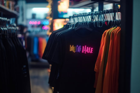 Clothing apparel hanging on display racks inside a contemporary retail shop. Focus on a black t shirt featuring glowing neon textの素材
