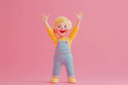 Happy cartoon child figure standing against a pink background, expressing joy and enthusiasm with arms upの素材