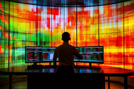 Professional man analyzing financial data on multiple screens in a modern control room with dynamic graphical displaysの素材