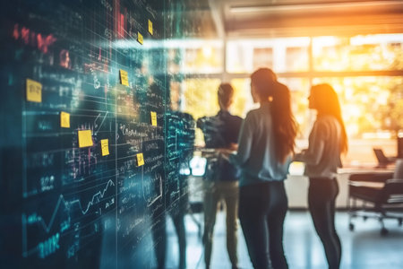 Group of business people analyzing data on a transparent screen with graphs and sticky notes, collaborating on a new projectの素材