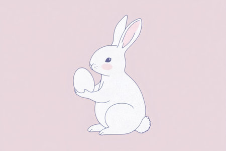 Cute rabbit holding a single white egg on a soft pink background. Perfect for spring, new life, and holiday themesの素材