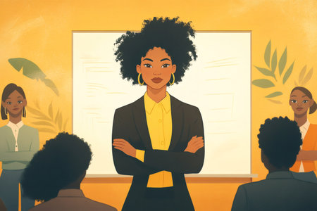 Confident Black woman leader standing with crossed arms, presenting to a diverse team of women in a professional meetingの素材