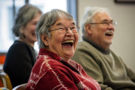 Cheerful older woman with eyeglasses and gray hair laughing happily during a group activity with other seniors. Focus on the joyの素材