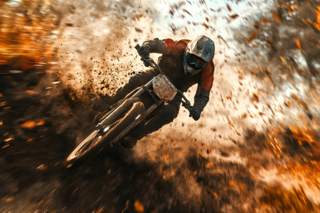 Mountain biker wearing protective gear, leaning into a turn, creating a dynamic explosion of dirt and dust on an off road trackの素材